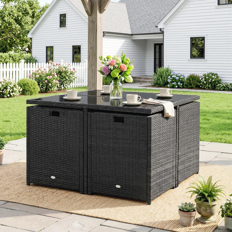 Outsunny Ensemble Salon de Jardin encastrable 8 Personnes 9 pièces résine tressée 4 Fils Imitation rotin Noir Coussins déhoussables crème