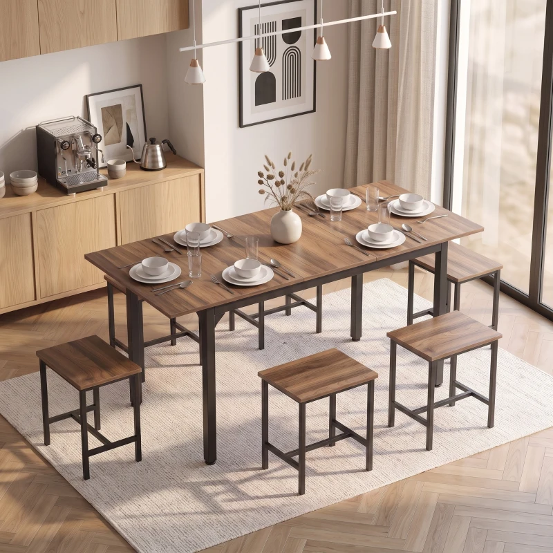HOMCOM Set Pranzo con Tavolo Allungabile a 160cm e 6 Sgabelli per 4-6 Persone, Nero e Noce