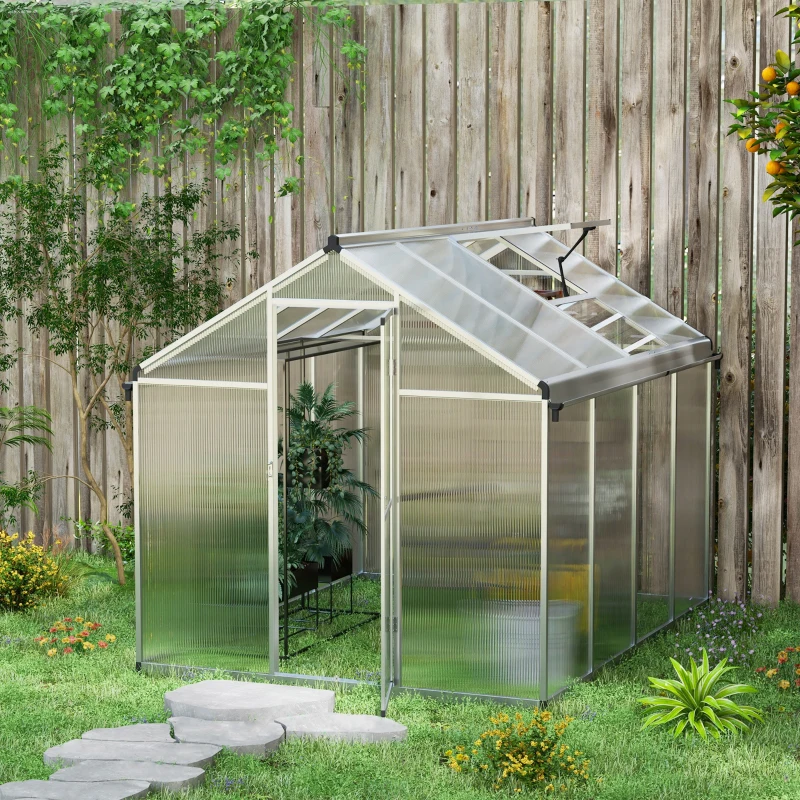 Outsunny Serra da Giardino in Policarbonato con Finestra, Porta con Blocco e Grondaia, 2.5x2x2m