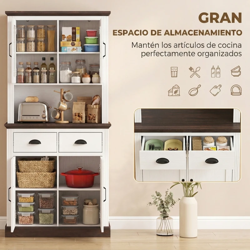 HOMCOM Alacena de Cocina Alta con Puertas de Cristal 2 Cajones Estantes Ajustables Compartimento Abierto 80x38x170 cm Blanco