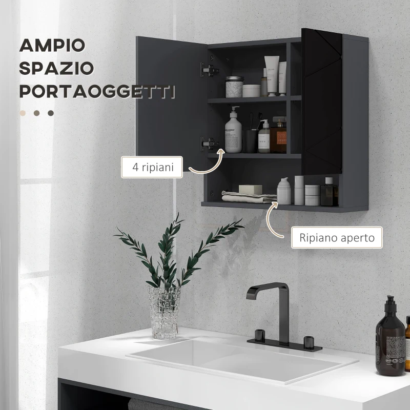 kleankin Armadietto con Specchiera Bagno a 2 Ante e Mensole Regolabili in Legno, 55x17x55cm, Nero