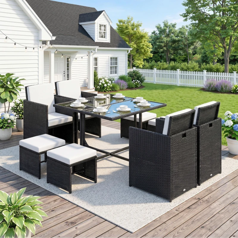 Outsunny Ensemble Salon de Jardin encastrable 8 Personnes 9 pièces résine tressée 4 Fils Imitation rotin Noir Coussins déhoussables crème