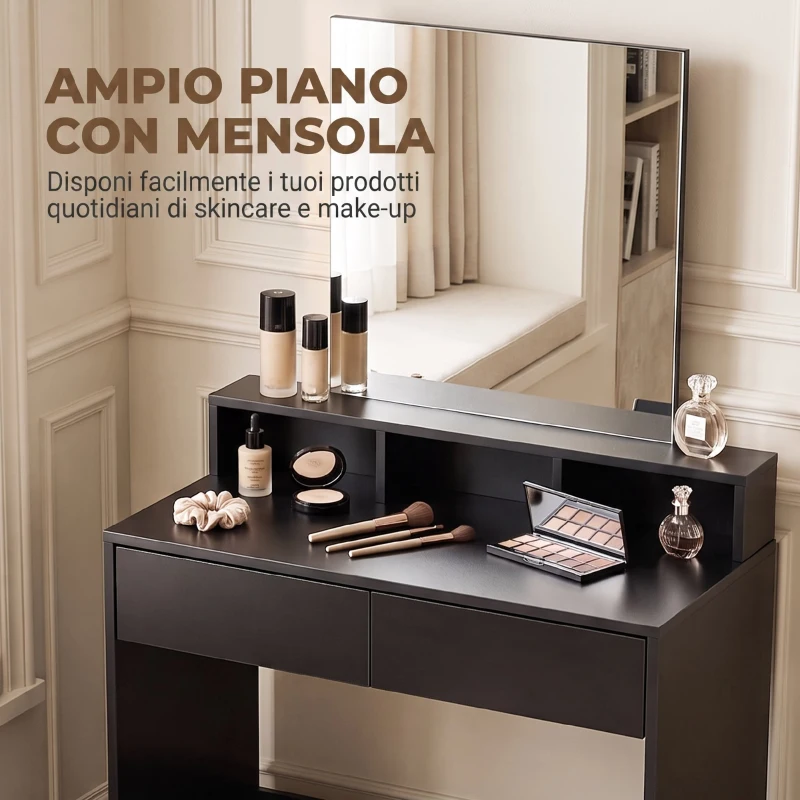 HOMCOM Tavolo da Trucco con Specchio, 3 Ripiani, 2 Cassetti e Sgabello, in Legno, 75x38x135 cm, Nero
