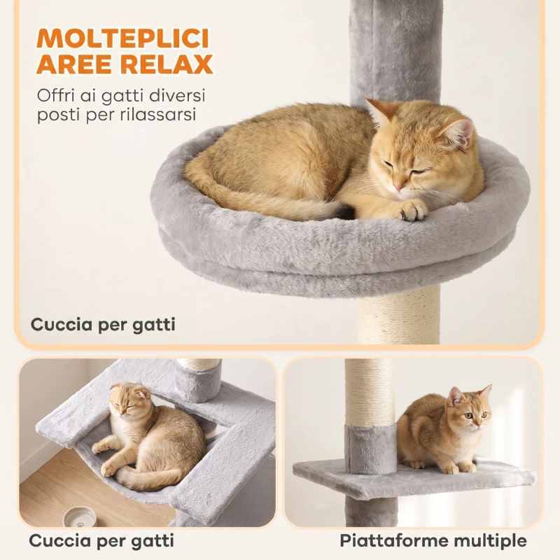 PawHut Tiragraffi per Gatti a Soffitto con Altezza 230-260 cm, 3 Pali Graffiatoi, Amaca, in Peluche, Grigio Chiaro