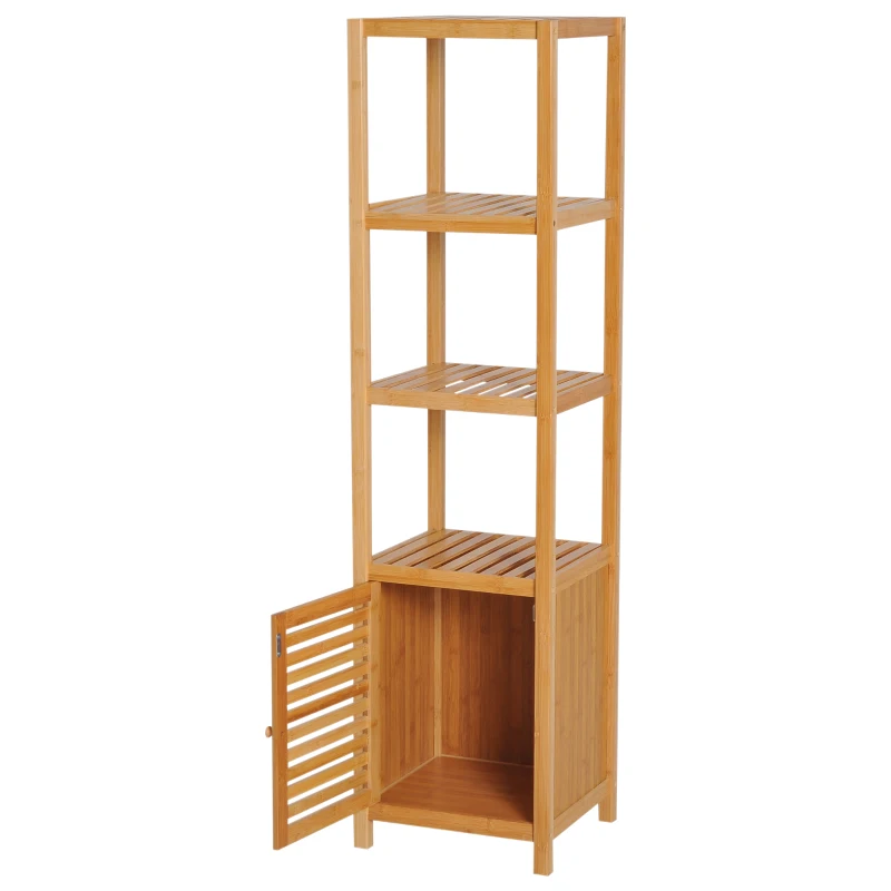 HOMCOM Mobile Alto Bagno/Terrazzo, Scaffale a Torre in Bambù 4 Ripiani + Armadietto con Anta, 36x33x140cm, Color Legno