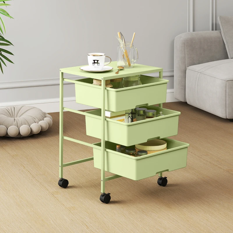 HOMCOM Carrito de Almacenamiento de 4 Niveles Carrito de Cocina con Ruedas 3 Cestas y Tablero 40,8x33,5x60,5 cm Verde