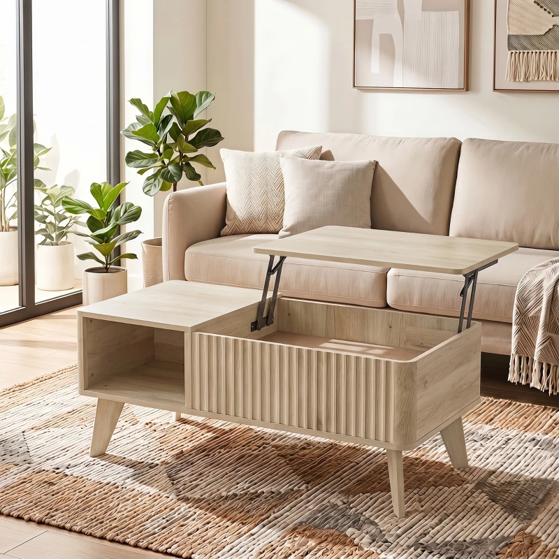 HOMCOM Mesa de centro elevable, compartimento oculto, 2 estantes abiertos, esquinas redondeadas, estilo mid-century, 100x48x41cm, Roble