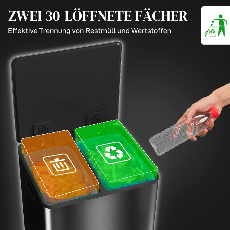 HOMCOM Prullenbak met 2x30L compartimenten, Soft-Close deksel, vingerafdrukbestendig, roestvrij staal, zwart