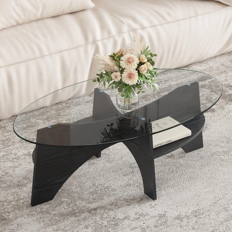 Table basse ovale moderne en verre de sécurité, plateau résistant aux chocs et facile à nettoyer, 104,9x60,0x35,6 cm, Transparent