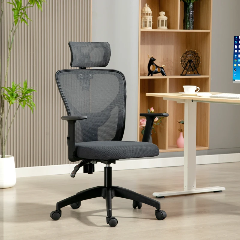 Vinsetto Scaun de birou ergonomic și reglabil cu suport lombar și tetieră, 66x61x106-116 cm, gri