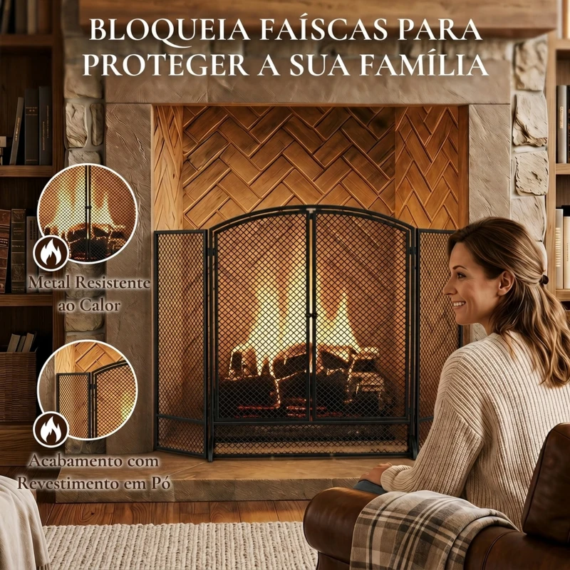 HOMCOM Proteção para Lareira Dobrável em Metal com 3 Painéis e Porta Dupla para Casa 122x75 cm Preto