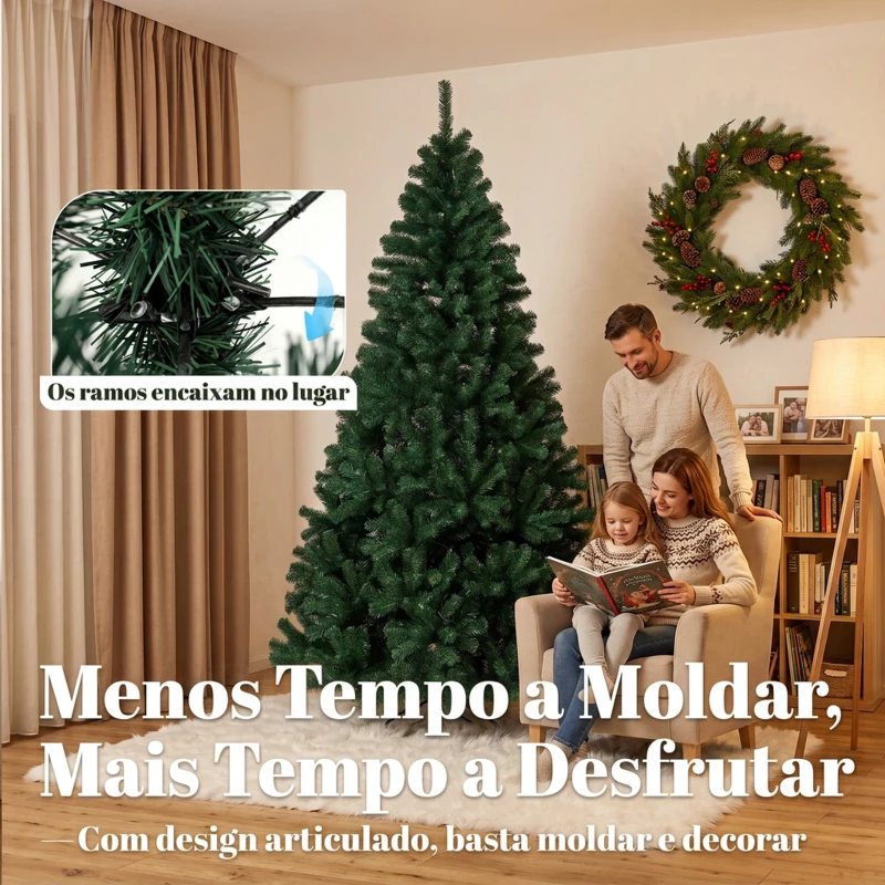 HOMCOM Árvore de Natal Abeto 230 cm com Ramos Articulados, 1300 Pontas em PVC Ignífugo, Montagem Rápida, Base em Aço, Verde