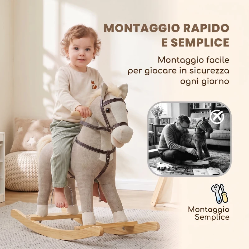 AIYAPLAY Cavallo a Dondolo per Bambini 1-3 Anni in Tessuto Effetto Lino con Suoni di Zoccoli e Nitriti, Grigio