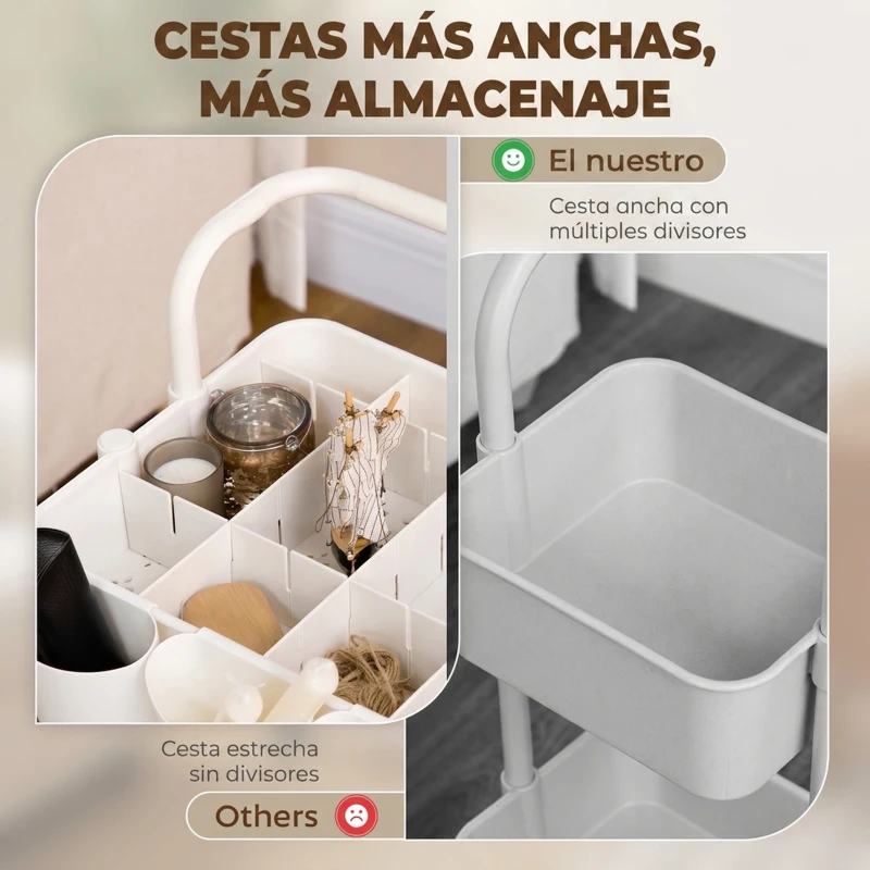 HOMCOM Carrito Auxiliar con Ruedas Carro de Almacenaje Multifuncional con Ganchos y Cajas Colgantes 42x38x86,5 cm Blanco