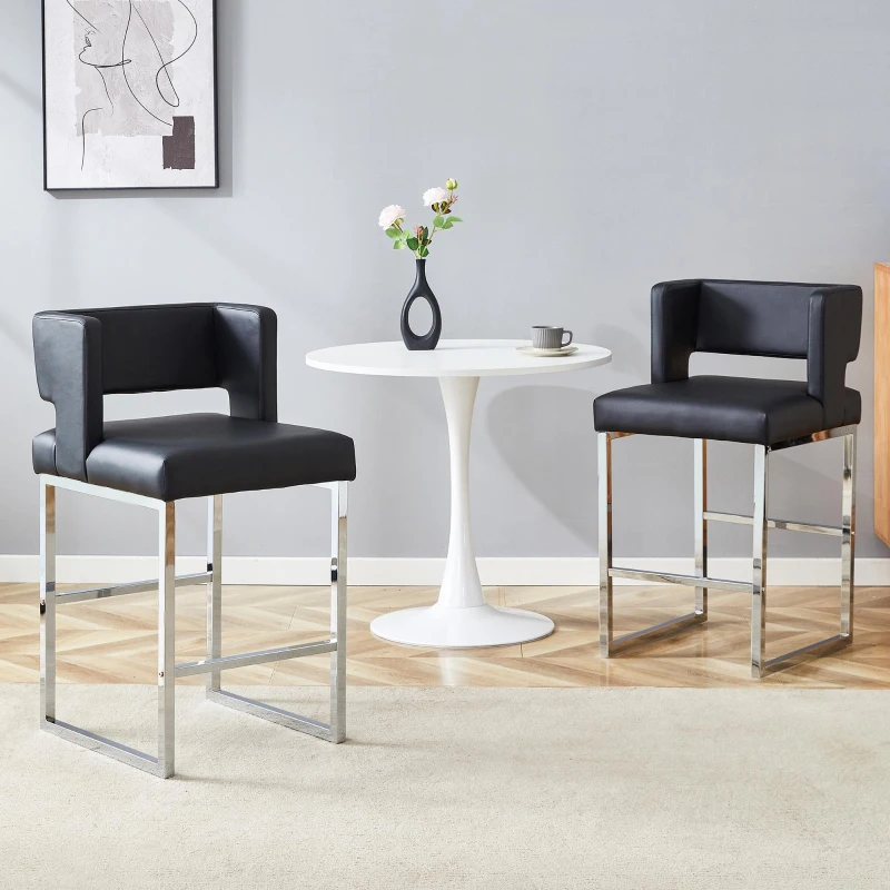 Lot de 2 tabourets de bar style nordique, structure métallique robuste avec pieds argentés, 48x53.3x91.4 cm, Noir+Argent