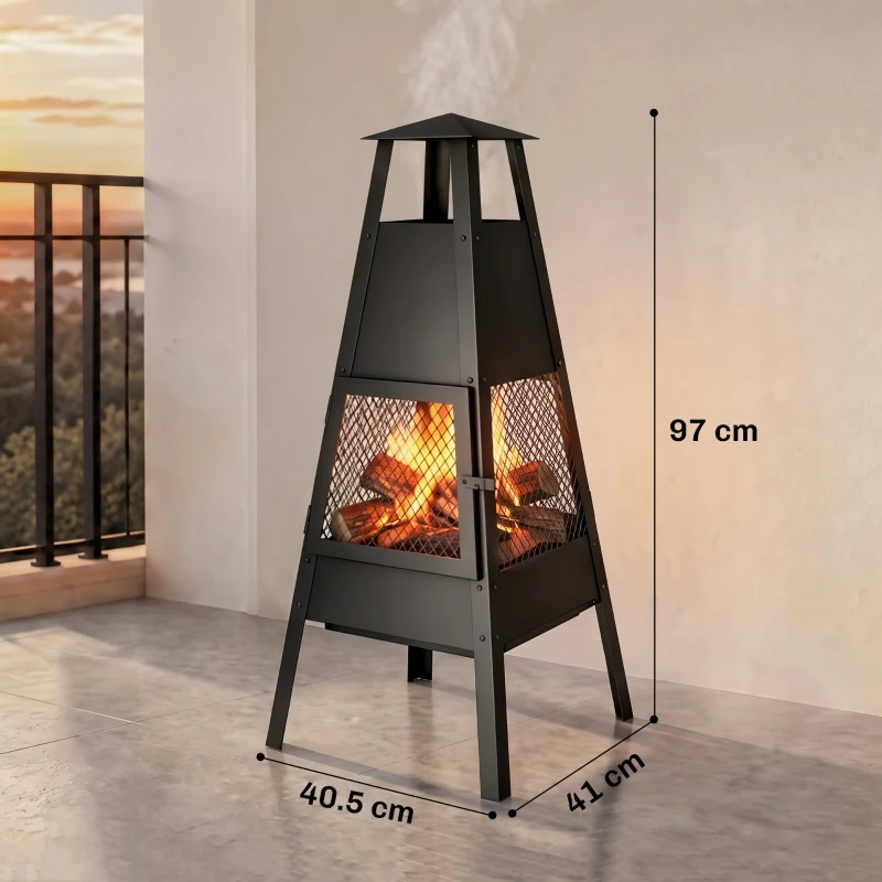 Outsunny Focar de Exterior cu Coș de Fum Conic 41x40,5x97 cm Oțel Carbon cu Plasă Protectoare pentru Curte Terasă Negru