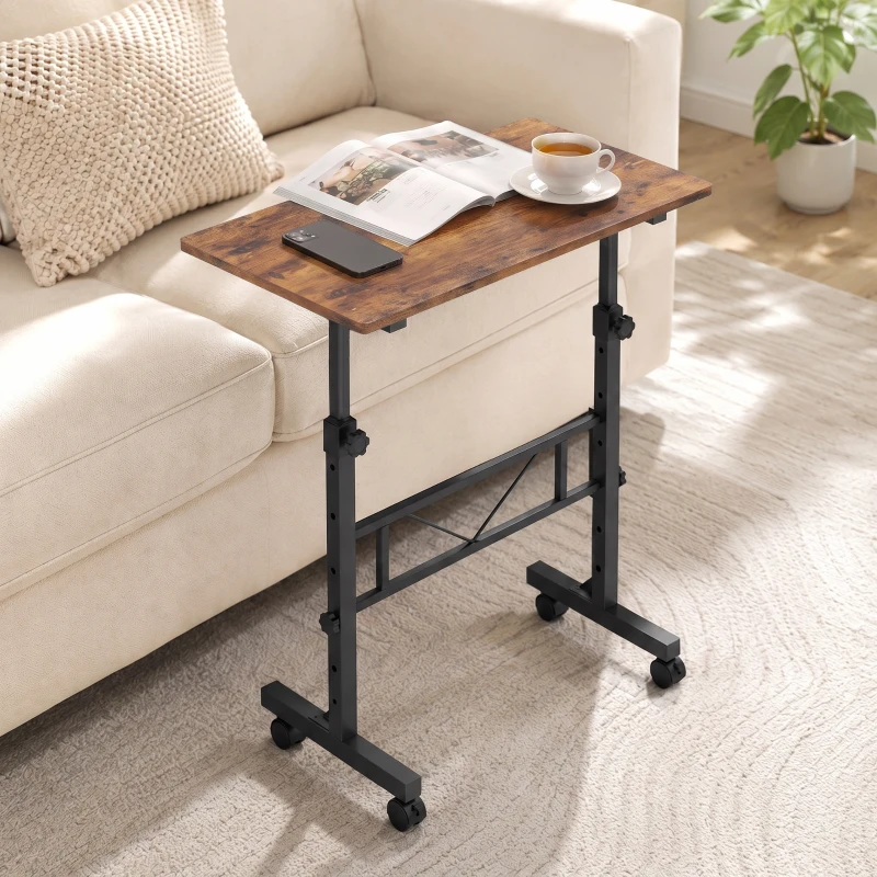 HOMCOM Overbed Table Adjustable Height Sofa Side Table with Wheels 80 x 40 cm Rustic Brown Black