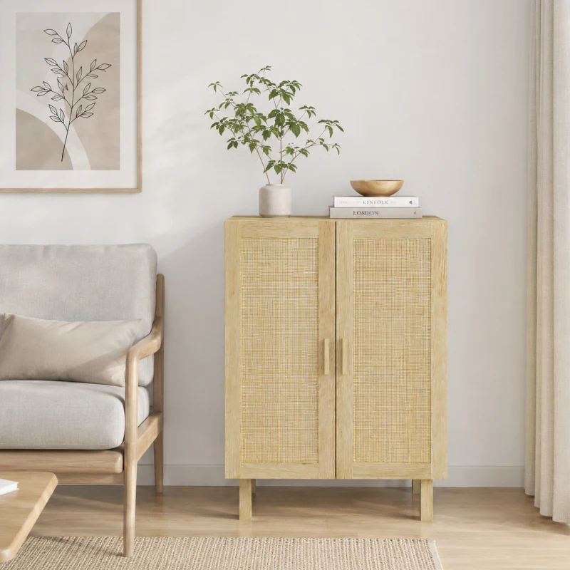 HOMCOM Aparador de Salón de Estilo Bohemio con Puertas de Rejilla y Estantes Ajustables 73x41x102 cm Natural