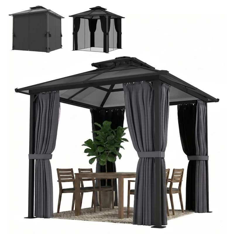 Outsunny 2.5 x 2.5 m Hardtop Gazebo Canopy with Double PC Roof, Drainage Gutters, Garden Gazebo Permanent Pavilion, Dark Grey