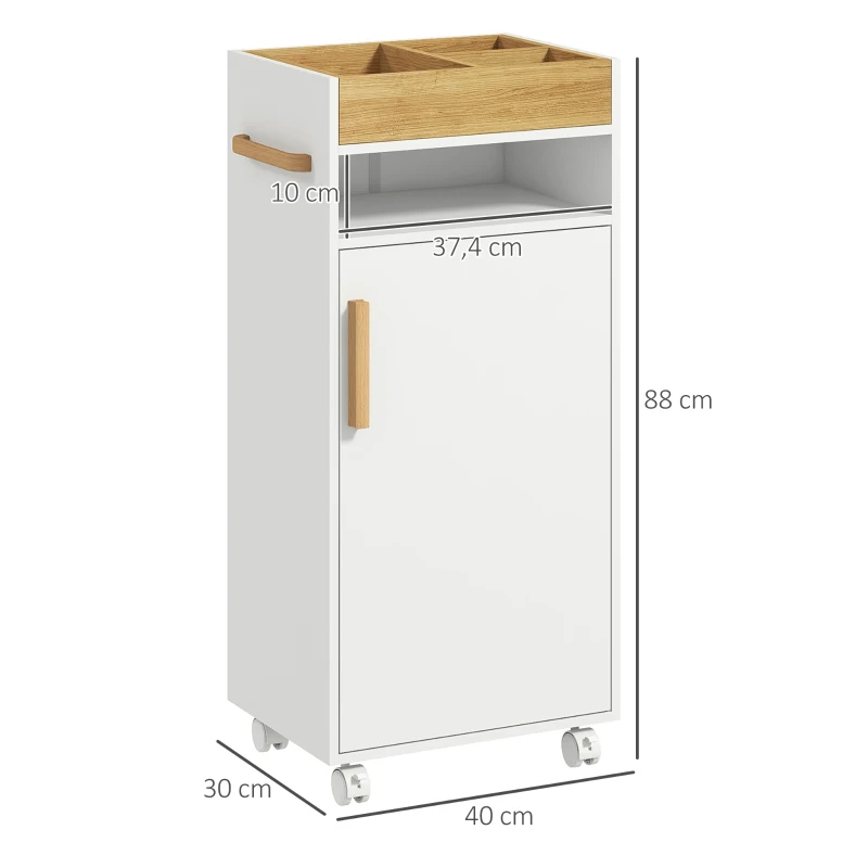 kleankin Armario de Baño Moderno con Estantes Ajustables Armario Bandeja Extraíble y Ruedas 40x30x88 cm Blanco y Roble