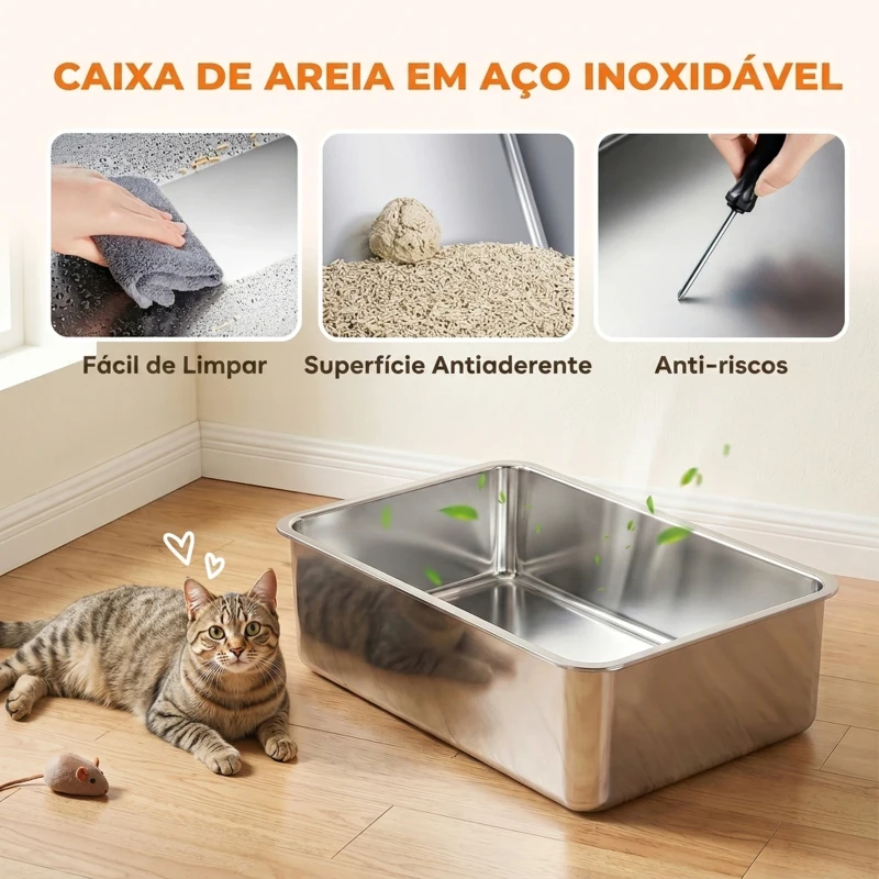 PawHut Conjunto de 2 Caixas de Areia XL em Aço Inoxidável com Bordo Alto e 2 Pás para Gatos Grandes e Vários Gatos Cinza Escuro