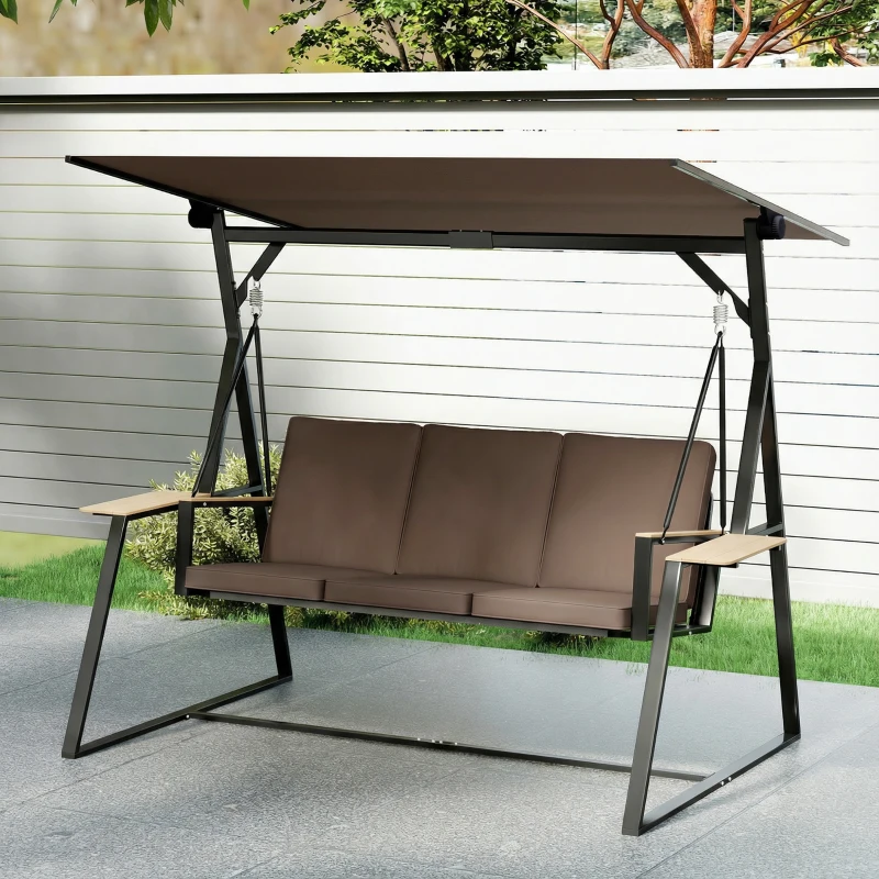 Outsunny Columpio de Jardín Exterior de 3 Plazas con Techo Ajustable 2 Bandejas Cojines y Marco de Metal Carga 360 kg Marrón