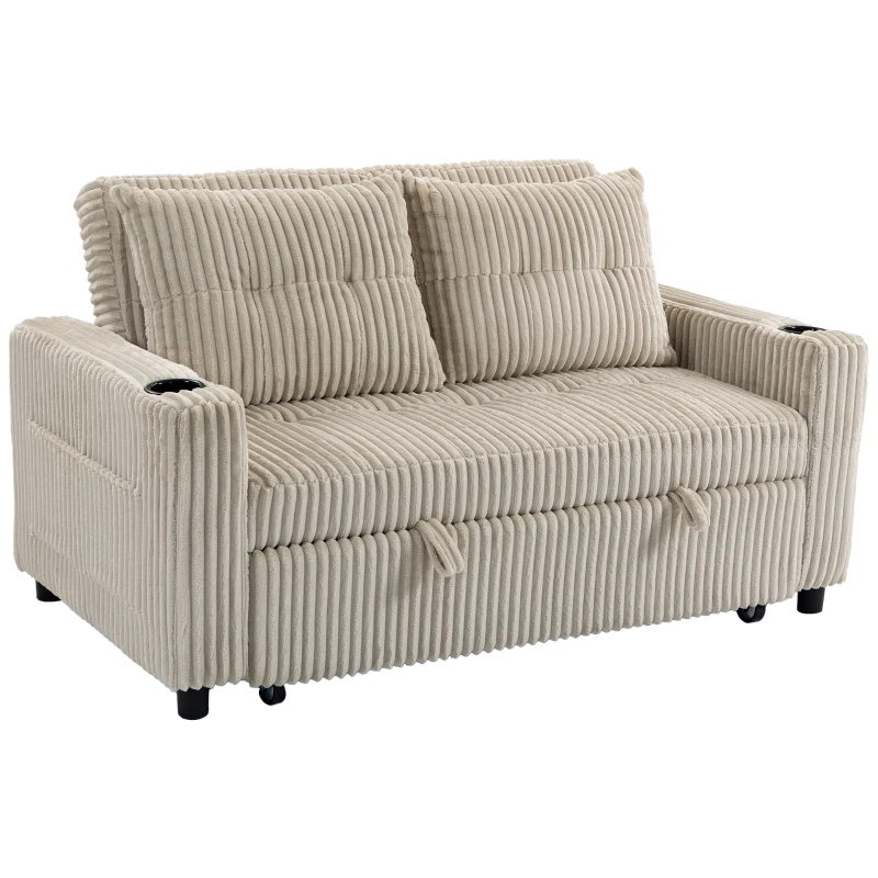 HOMCOM Corduroy Click Clack Sleeper Sofa with Pull Out Design, 2 Seater Sofa Bed, Cream White