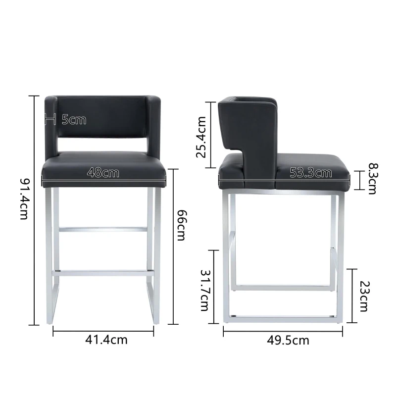 Lot de 2 tabourets de bar style nordique, structure métallique robuste avec pieds argentés, 48x53.3x91.4 cm, Noir+Argent