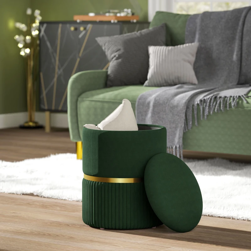 HOMCOM Velvet-Feel Storage Ottoman - Green
