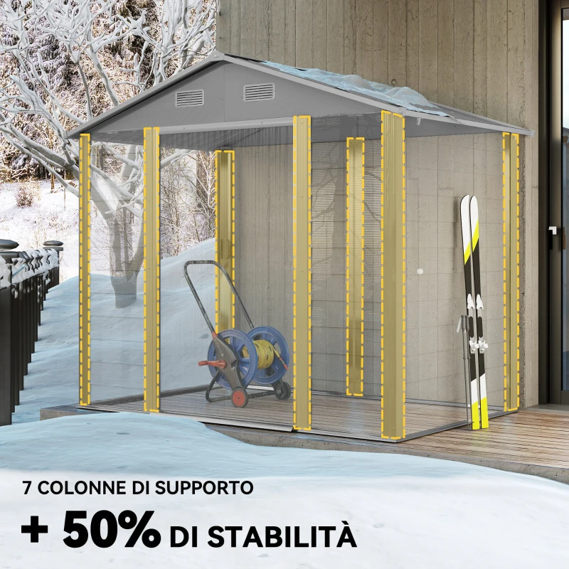 Outsunny Casetta porta Attrezzi con Porte Scorrevoli e 4 Prese d'Aria, in Acciaio e PP 196x236x208 cm, Grigio Chiaro