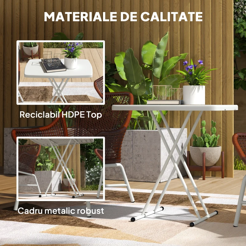 Outsunny Masă de Grădină Pliabilă cu Înălțime Ajustabilă, Metal și HDPE, Alb