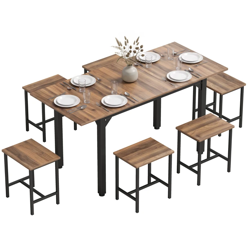HOMCOM Set Pranzo con Tavolo Allungabile a 160cm e 6 Sgabelli per 4-6 Persone, Nero e Noce