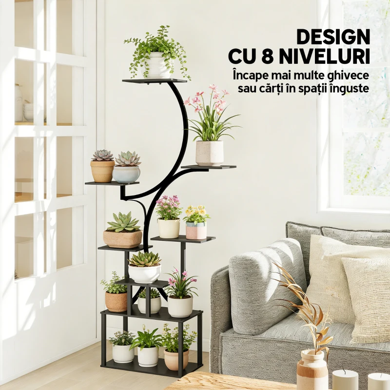 Outsunny Suport de flori cu 8 niveluri, design în formă de S, pentru interior și exterior, din metal, 74x26x158,5 cm, negru