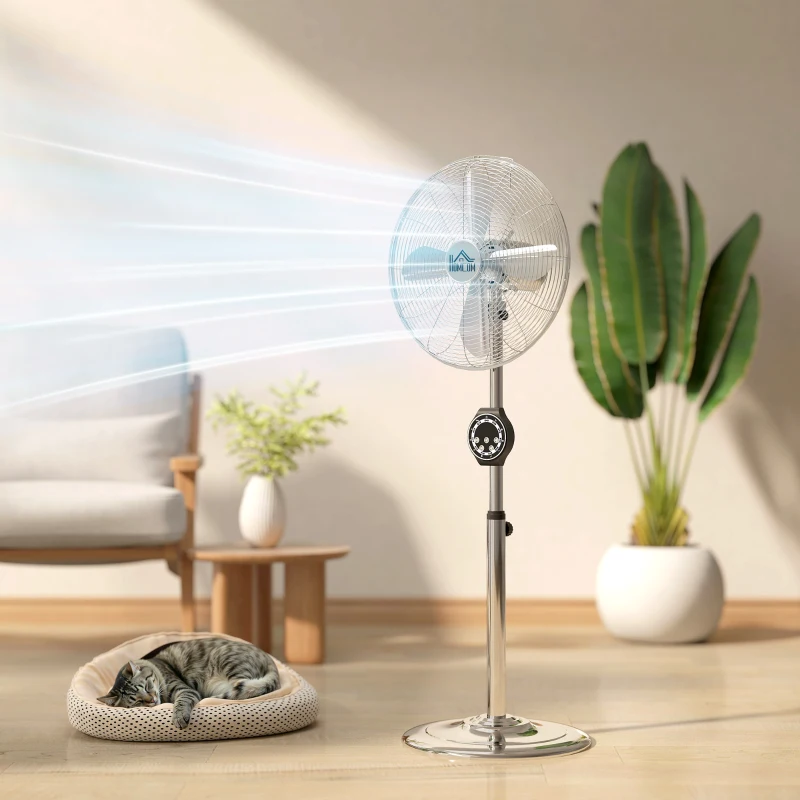 HOMCOM Ventilateur sur pied à hauteur réglable 120-135 cm, oscillation 75°, minuterie 7,5H, télécommande, mode veille, argent