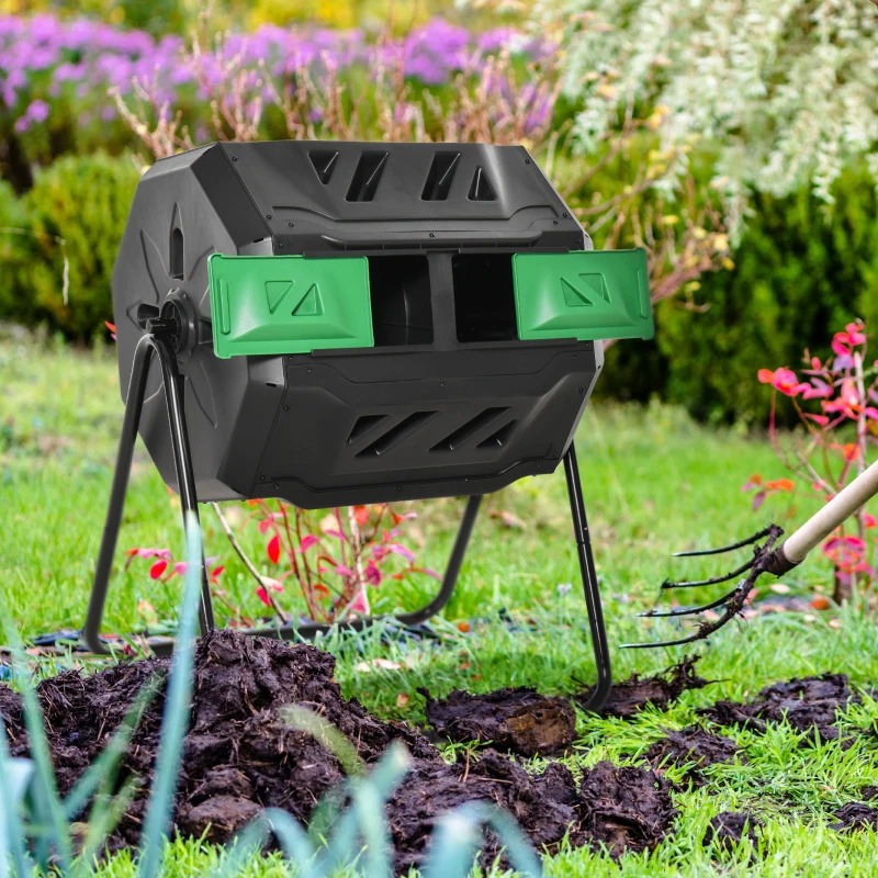 Outsunny Compostor Rotativ cu 2 Secțiuni și 8 Prize de Aerisire din Oțel și PP, 160L, 71x65x96 cm, Gri