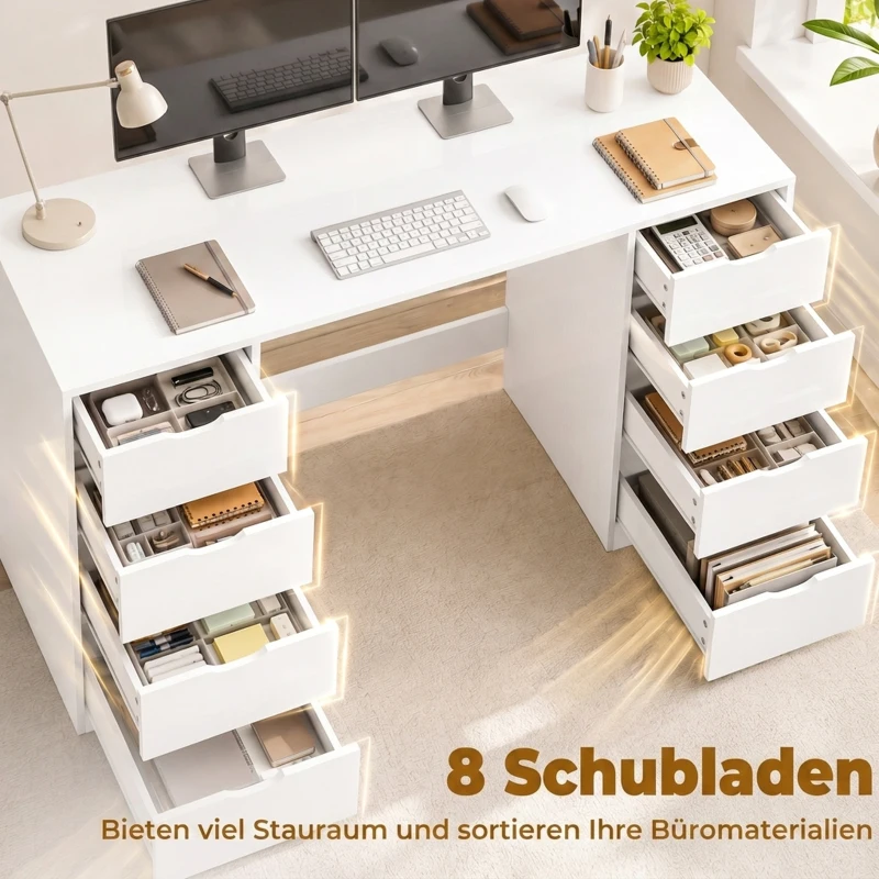 HOMCOM Bureau 140 cm met 8 laden, modern bureau met opbergruimte, witte houtlook