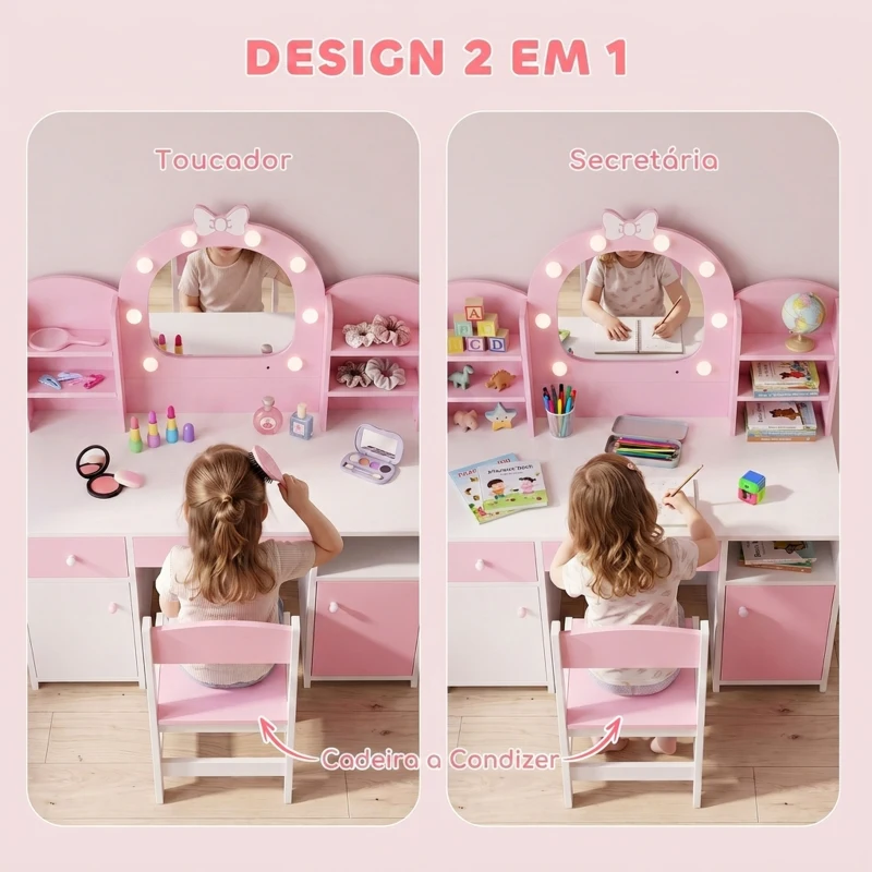 AIYAPLAY Penteadeira Infantil com Espelho LED 2 Cores, Banco, 2 Armários, Gaveta e Prateleiras, Rosa