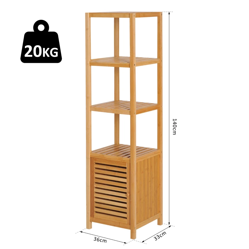 HOMCOM Mobile Alto Bagno/Terrazzo, Scaffale a Torre in Bambù 4 Ripiani + Armadietto con Anta, 36x33x140cm, Color Legno