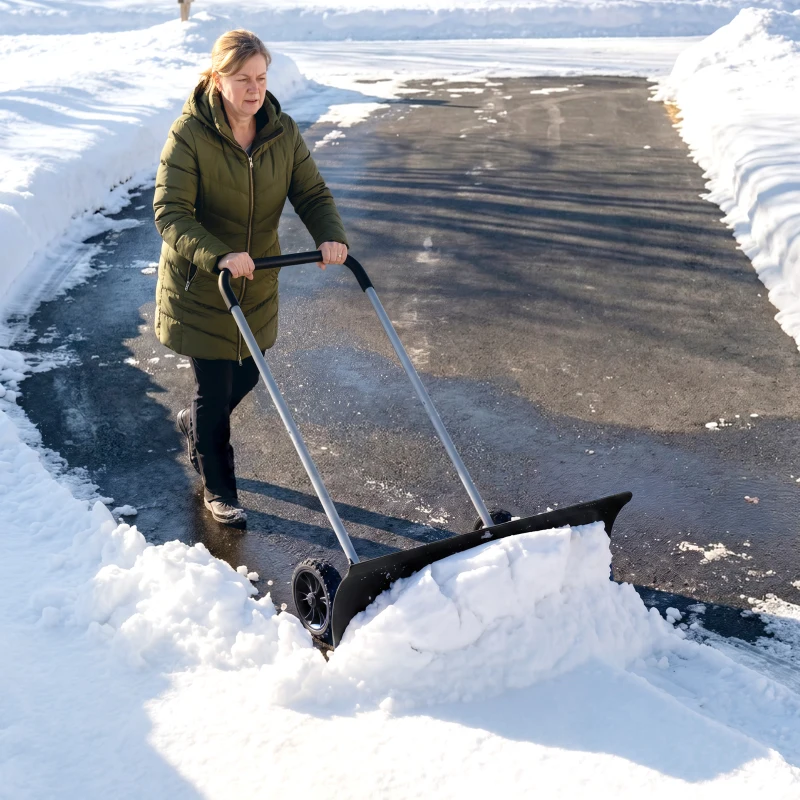 Outsunny Sneeuwschuiver 95 cm extra breed aluminium met wielen, verstelbare antislipgreep, schuin