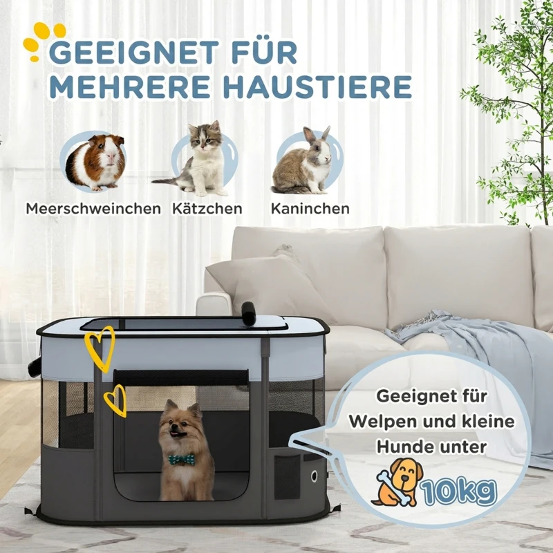 PawHut Spielgehege für Haustiere, faltbar, mit Aufbewahrungstasche, für Welpen und Kätzchen, drinnen und draußen, Grau