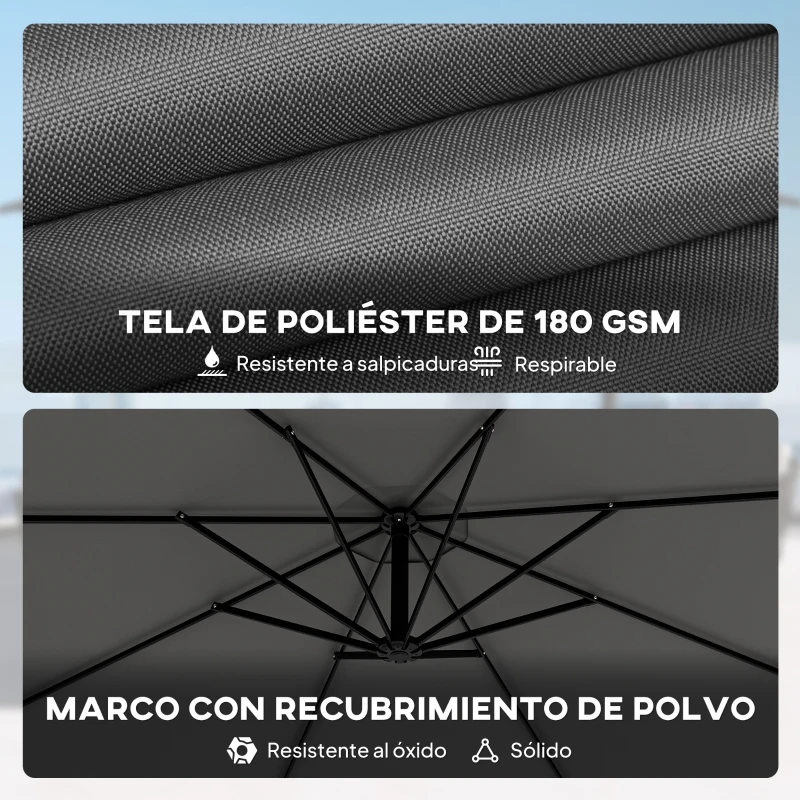 Outsunny Parasol Excéntrico Ø300 cm con Base Cruzada Toldo Ajustable y Manivela UPF30+ para Terraza Patio Gris