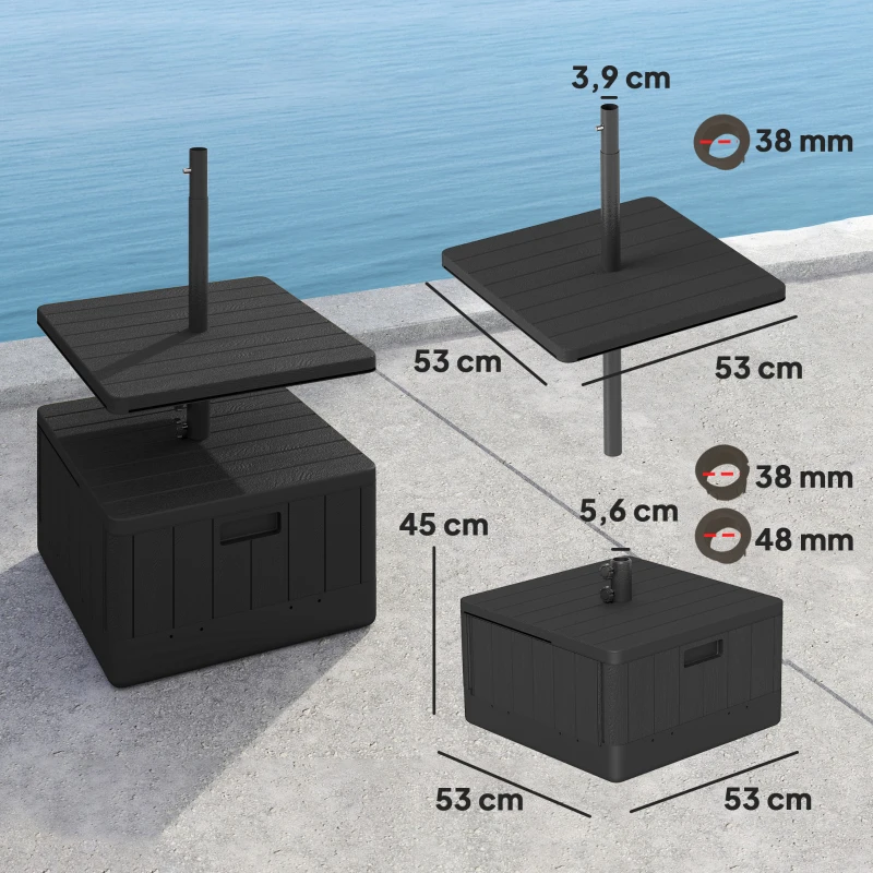 Outsunny Base para Sombrilla Exterior 3 en 1 Mesa Auxiliar Ajustable Macetero Soporte de Parasol Rellenable Arena 80 kg Negro