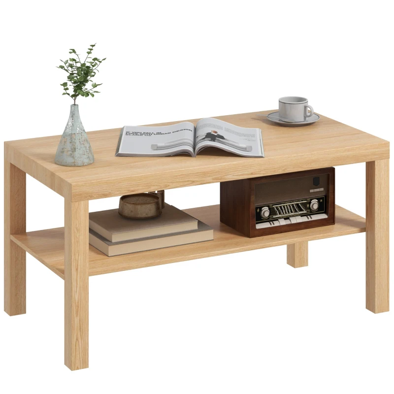 HOMCOM Table basse de salon, table d'appoint rectangulaire à 2 niveaux avec étagère de rangement, 90x45x44,5cm, bois naturel