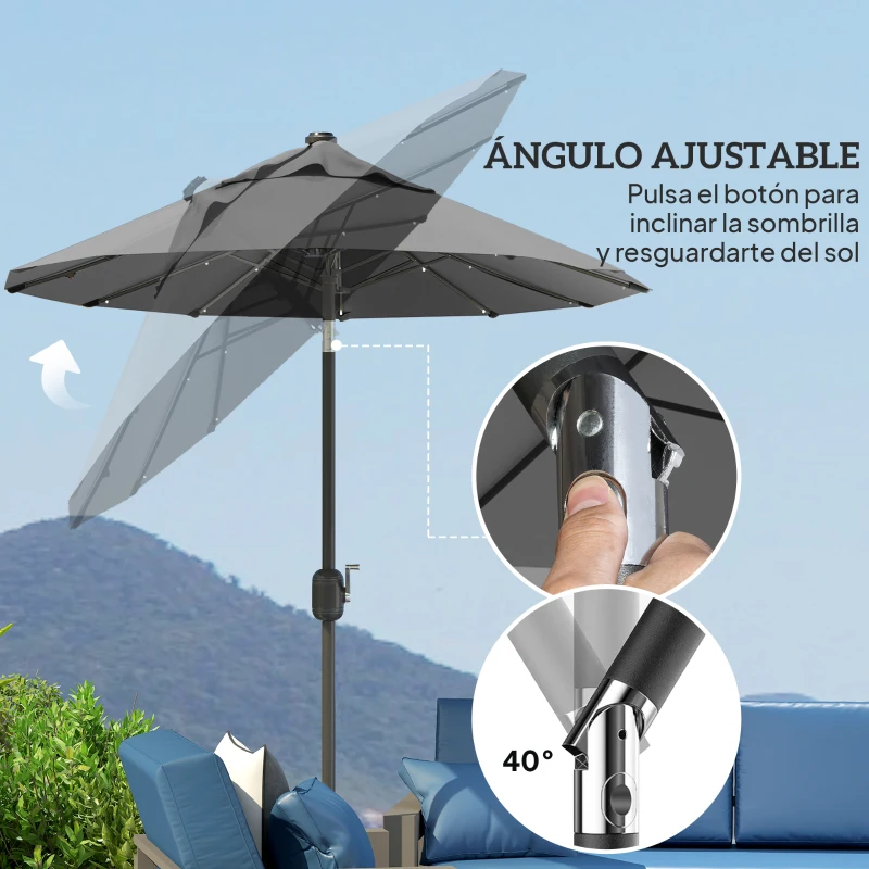 Outsunny Sombrilla de Jardín Doble 295x150x219 cm con Luces LED Solares Toldo con Inclinación Ajustable y Manivela Manual Gris