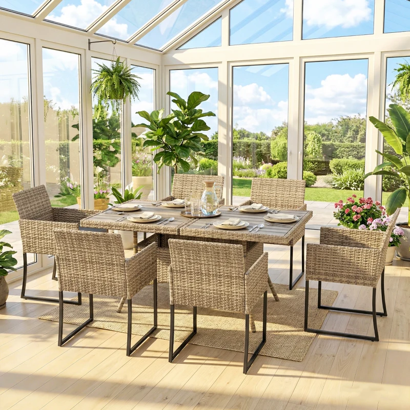 Outsunny 7 Piece Rattan Garden Furniture Set, Garden Dining Set with Wood-Plastic Table and 6 Stackable Chairs, Dark Grey
