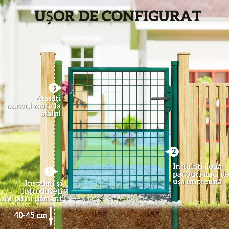 Outsunny Poartă de Grădină din Oțel 97 x 150 cm, Poartă cu Încuietoare, 3 Chei, Mâner și 2 Stâlpi