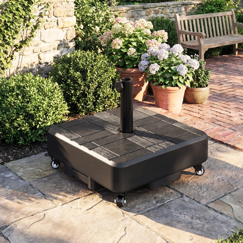 Outsunny Pied de parasol Carré, socle parasol extérieur avec roues Remplissable 35 kg Sable ou 28 L Eau, 48 x 48 x 38,5 cm, Noir