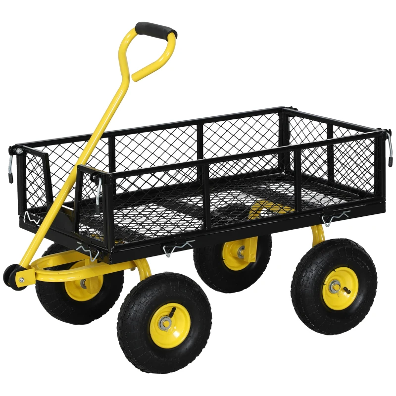 Outsunny Carro de Jardín Basculante Carga 200 kg con Paneles Laterales Desmontables y 4 Ruedas Neumáticas Negro y Amarillo