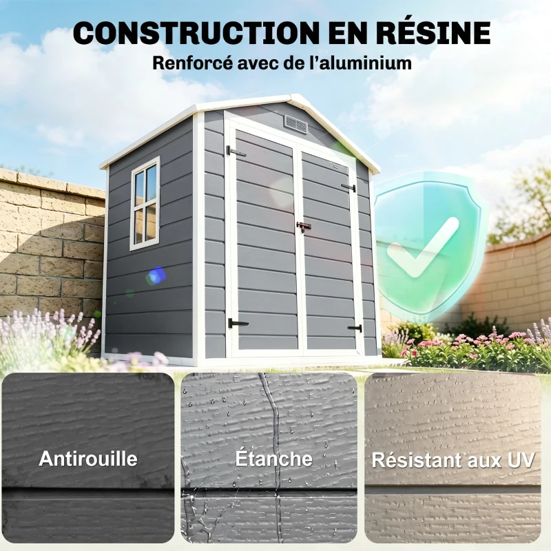 Outsunny Abri de jardin cabanon en résine polypropylène 2,12 m² - 2 portes 1 fenêtre et 1 grille d'aération, toit à pignon, gris(m-4)