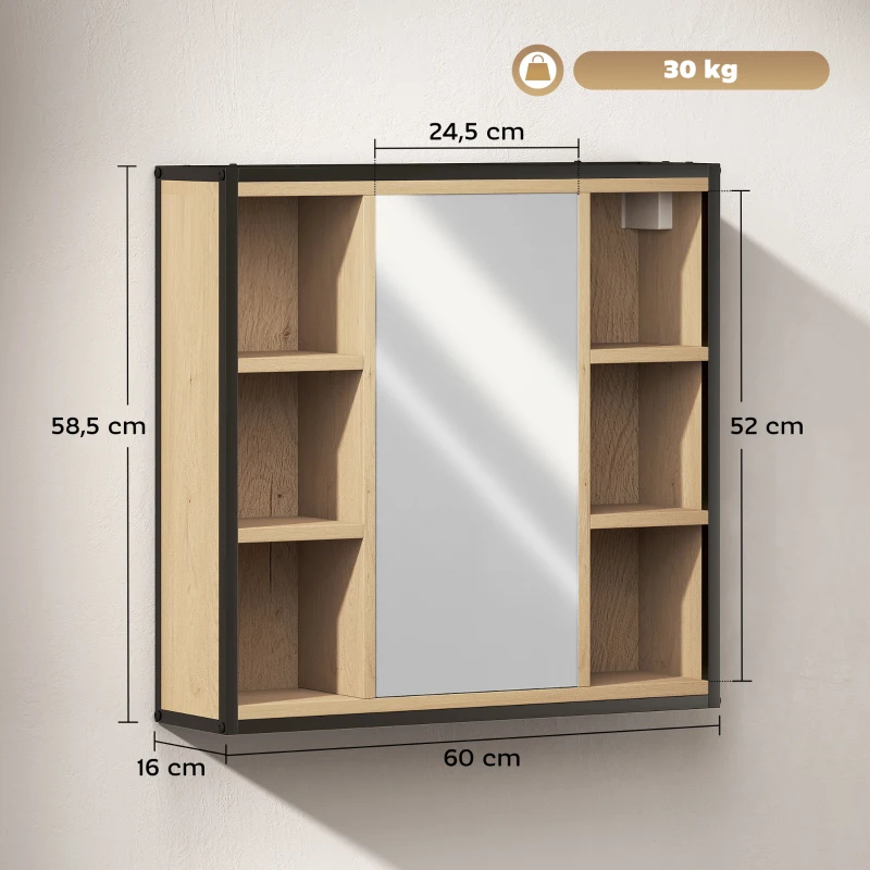 HOMCOM Armario de Baño con Espejo Estante Ajustable y 6 Compartimentos Abiertos 60x16x58,5 cm Roble